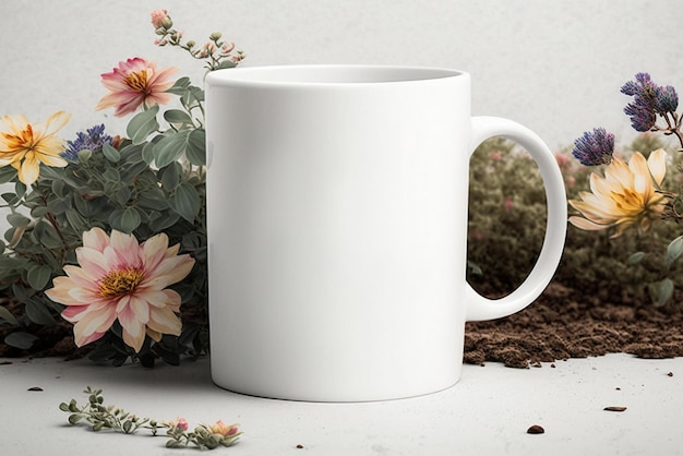 A white mug with a plant in the background that says " coffee ".