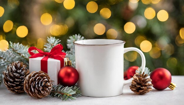 a white mug with a red bow sits next to a christmas tree