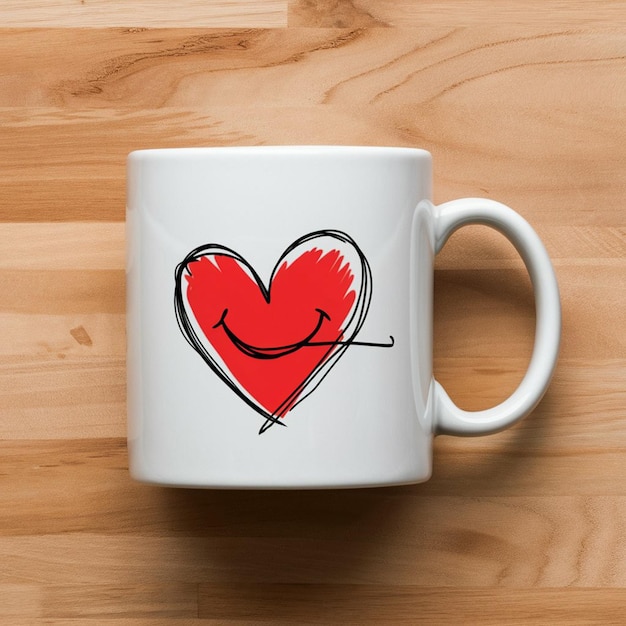 a white mug with a red heart drawn on it