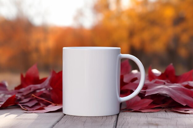 Photo a white mug with a red leaf on a table