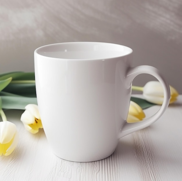 A white mug with a white background and a bouquet of flowers behind it.