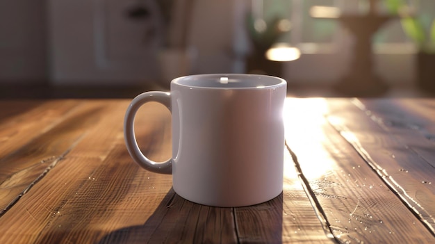 a white mug with a white candle on a wooden table