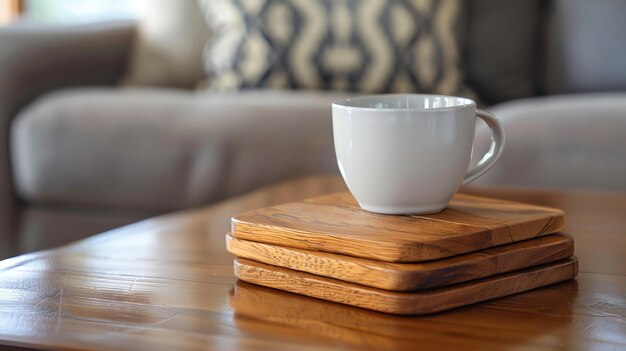 A white mug on wooden coasters on a wooden table with a couch in the background