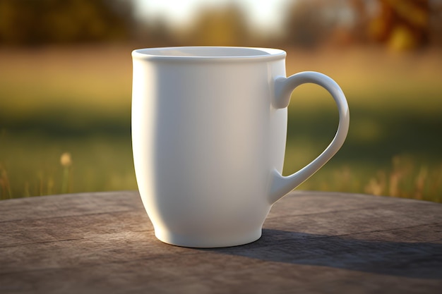 A white mug on a wooden table in a park.