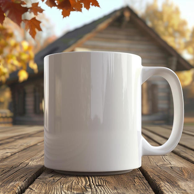 Photo a white mug on a wooden table with autumn leaves in the background