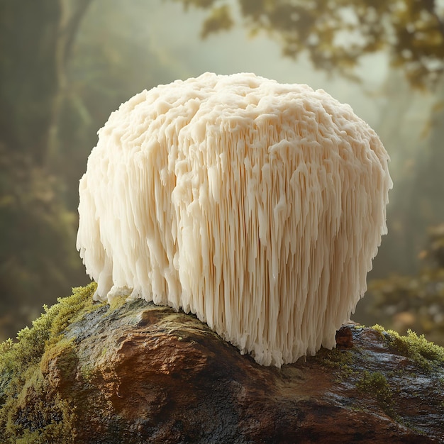 Photo a white mushroom is on a tree stump with the word tufty on it