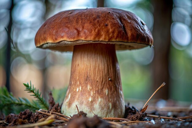 White mushroom porcini in the forest among branches and leaves