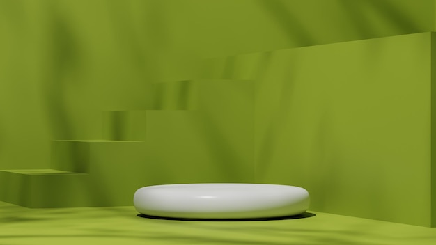 white natural pedestal or podium with green backdrop, empty platform for product showcase, 3D Render