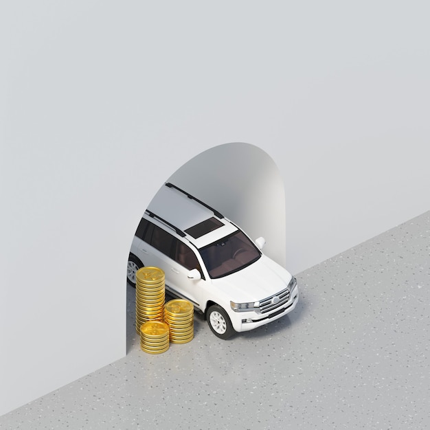 White new SUV standing under an arch surrounded by gold coins with a percentage on a light background. 3d illustration