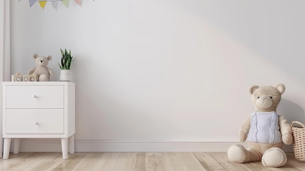 Photo a white nightstand with two drawers sits against a white wall with a teddy bear and a potted plant on top