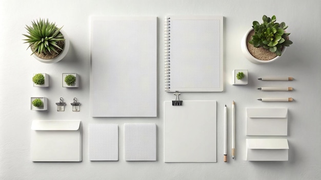 a white notebook is on a white table with a green plant on it