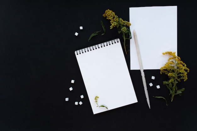 White notebook mockup template on black background with magical mysterious mood