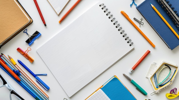 a white notebook with a blue pen on it sits on a table with other pens