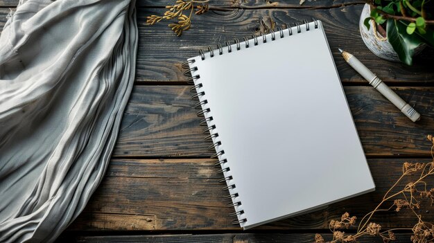 a white notebook with a silver cover sits on a wooden table