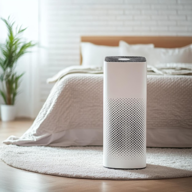 Photo a white object with a black label sits on a floor next to a bed