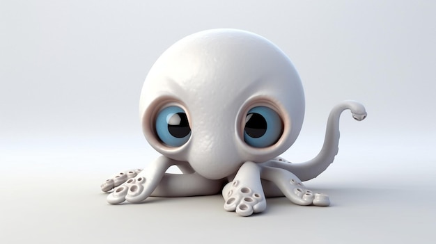 A white octopus with blue eyes sits on a white surface.