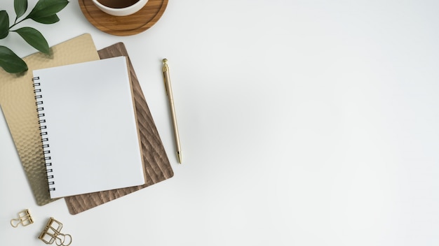 White office desk table. Flat lay.