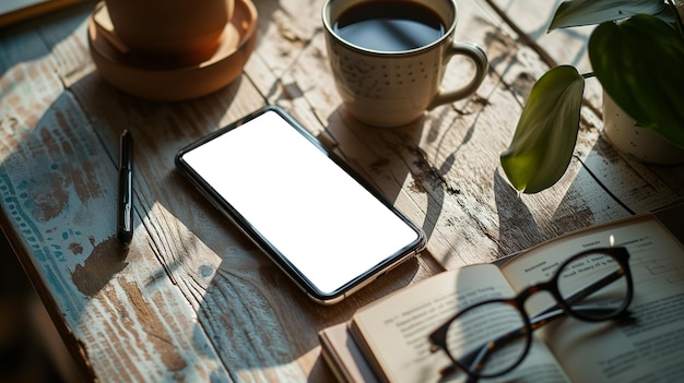 White office desk workplace with blank screen smart phone eyeglass book pen and coffee mug Top view flat lay with copy space Ai generated