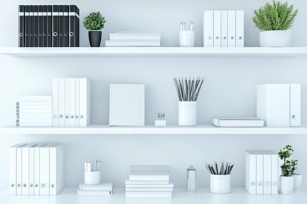 Photo white office shelves with different stationery close up