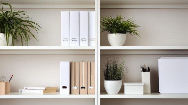 Photo white office shelves with different stationery