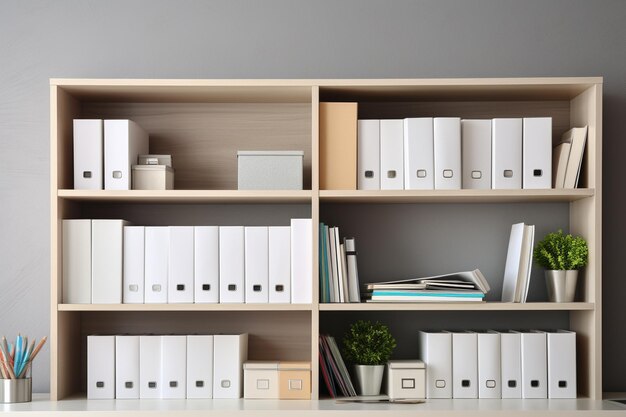 White office shelves with folders and different stationery close up