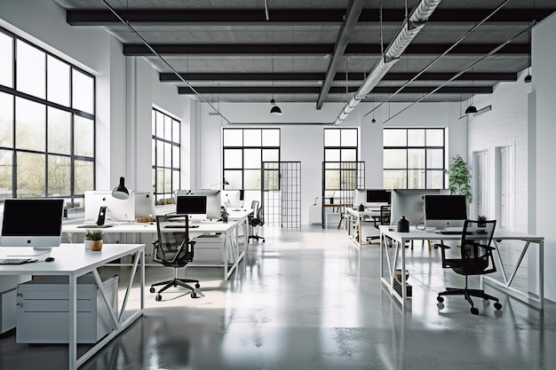 A white office with a black desk and chairs.