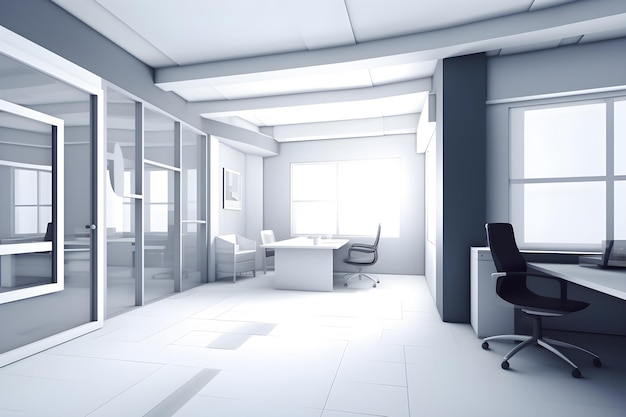 A white office with a glass wall and a desk with a black chair.