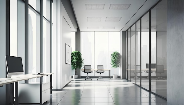 A white office with a glass wall and a desk with a sign