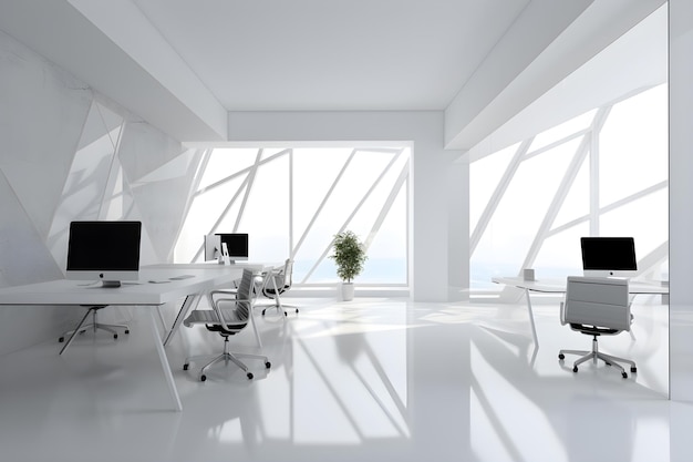 A white office with a large window and a desk with a plant in it.