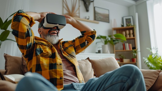 White ol man with virtual reality headset on chouch