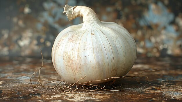 a white onion with a root on it sits on a table