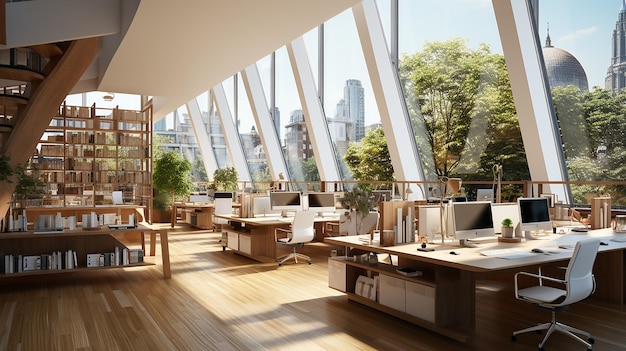 White Open Space Office Interior With A Wooden Floor Two Large Windows And Wooden Desks