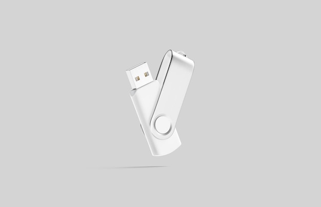 White opened usb stick mockup. Data pendrive with silver cap mock up. Digital flashcard.