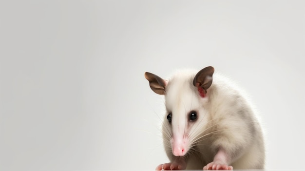 A white opossum with a black nose sits on a white surface.