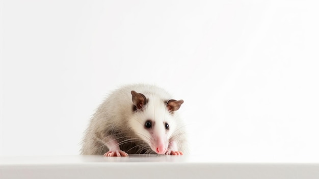 A white opossum with a pink nose sits on a white surface.