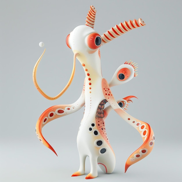 Photo a white and orange alien figurine with orange eyes and an orange octopus