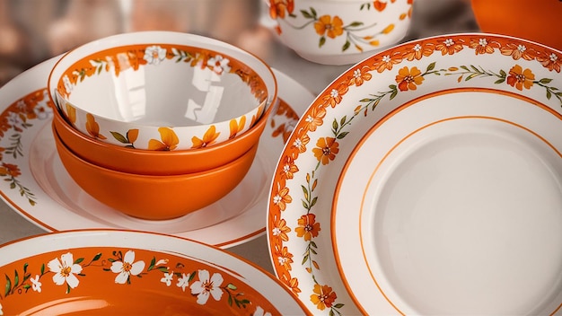 White and Orange Dinner Set with Floral Rim AI Generated JPG Image