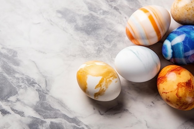 A white and orange easter egg with a gold stripe on it sits on a marble surface