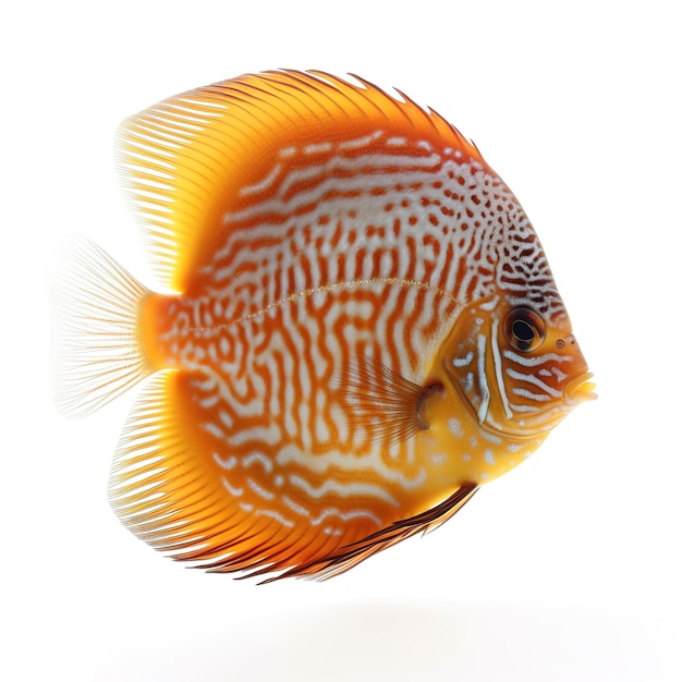 A white and orange fish with black stripes is shown.