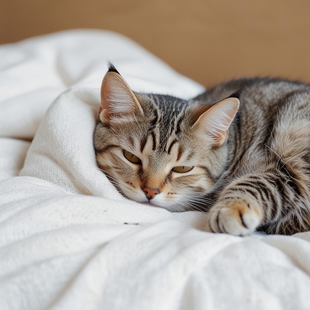 White Orange and Gray Tabby Cat Lying on Gray Textile