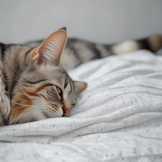 White Orange and Gray Tabby Cat Lying on Gray Textile