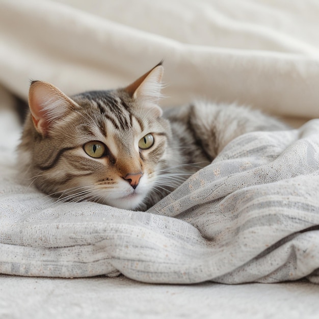 White Orange and Gray Tabby Cat Lying on Gray Textile