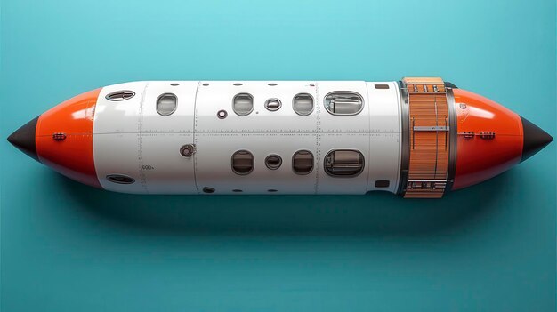 Photo a white and orange spacecraft with a pointed nose and numerous porthole windows