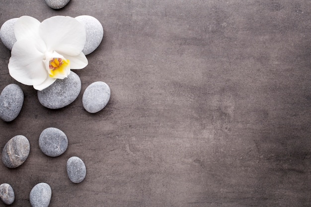 Photo white orchid and spa stones on the grey background.