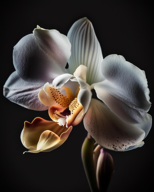 A white orchid with a yellow spot on the bottom.