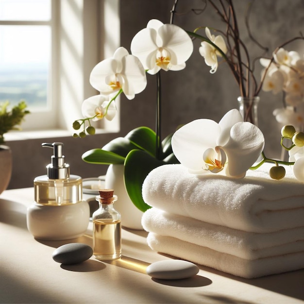 White orchids and towels on a table next to a glass generative