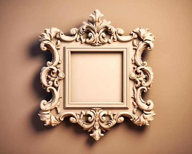 A white ornate frame hanging on a beige wall