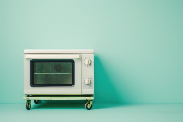 White Oven on Rolling Cart Against Light Blue Wall