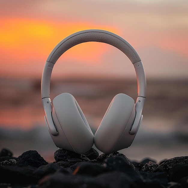 A white overear headphone with a metallic texture and matte surface resting on black rocks against