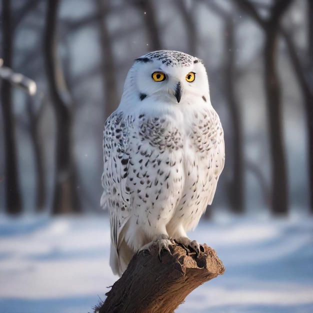 a white owl is sitting on a tree stump with a blurry background